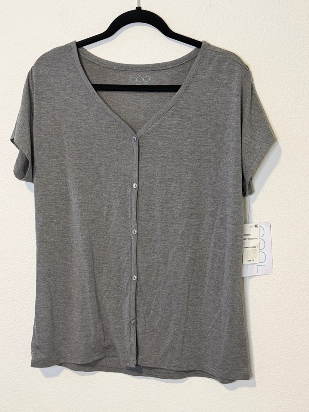 Women's Soft Gray Short Sleeve Button-Front V-Neck Top Shirt Tee Blouse